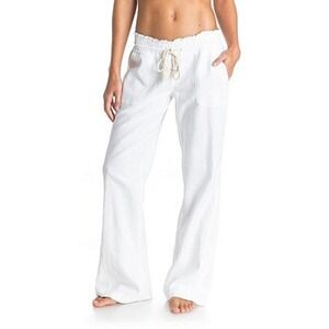 NWT Roxy Oceanside Beach Pants Sea Salt Linen Blend Drawstring Small